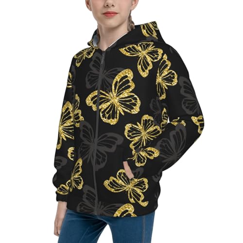 Golden Glitter Butterflies Kid Hoodies Boys Zip Up Sweatshirts Girls Pullover with Pocket