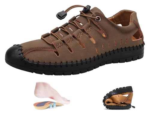 Stylish Summer Breathable Sandals for Men - Handmade Leather Anti-Slip Flat Closed Toe Waterproof Walking Shoes(Khaki,41)