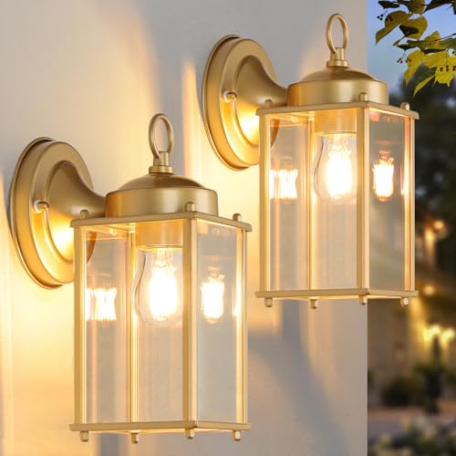 Image of MATAMEYE Large Outdoor Wall Lantern, Exterior Waterproof Wall Sconce Light Fixtures, Gold Front Door Lighting with Clear Beveled Glass, Anti-Rust E26 Socket Porch Lamp, 2 Pack