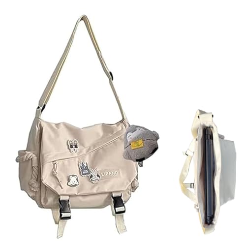Image of Aesthetic Crossbody Bag with Cute Pins and Ornament, Nylon Shoulder Messenger Bag Japanese Kawaii Bag for Women Men