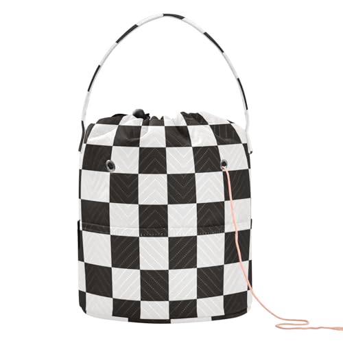 Image of Tatenale Crochet Bag Yarn Bag Knitting Project Bag with Pockets and Handle Portable Yarn Storage Organizer Tangle Free 8.3x11 InchCheckered Black and White15