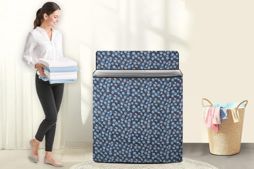 Image of The Furnishing Tree Semi-Automatic Top Load Washing Machine Cover | Waterproof & Dustproof | Easy to Clean | Durable & Washable, Floral Blueish Grey Polyester (51x84x96.5 CM)