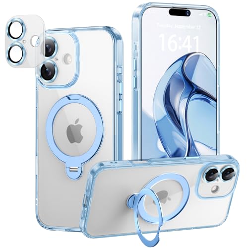 iPhone 17 用 ケース【極限の透明感と保護力】 4in1 カメラ保護一体/MagSafe対応/360度回転スタンド/ストラップホール穴付き 縦横両対応 黄ばみ防止 ワイヤレス充電対応 耐衝撃 カメラフィルム マグネット搭載車載ホルダー対応 マグセーフ対応 あいふおん17ケース (クリアブルー, iPhone 17)の商品画像（Amazon）