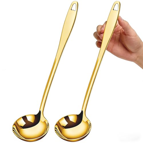 2Pcs Soup Ladle, 304 Stainless Steel Gold Ladle, 12.2Inch Long Handle, Gold