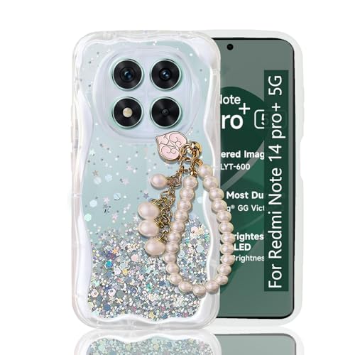 Image of KC Back Cover for Redmi Note 14 Pro Plus 5G - Curly Wave Dry Fixed Glitter Shiny Pearl Wrist Hanging Chain Soft Silicone Camera Protection Case (Transparent)