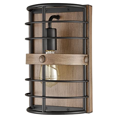Hydelite Farmhouse Wall Sconce Black Wall Light Cage With Wood Grain Finish 1-Light #TOP29