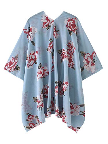 Blusa feminina casual de chiffon com estampa floral e cardigã tipo quimono, Light Blue, Large