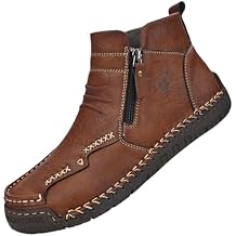 Mens Leather Chukka Ankle Boots Handmade Casual Waterproof Slip On Driving Shoes with Side Zipper Lightweight Fashion Retro High Top Walking Sneakers Suitable for Outdoor Work Hiking