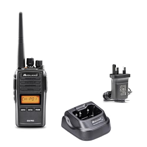 Midland - Walkie Talkie G18 PRO, UKCA Certified Walkie Talkies, 99 PMR446 Channels, UK Plug, Military Standard MIL-STD-810G, IP67 Waterproof - 12Km Range, 22H Battery, Scrambler & Compander Function