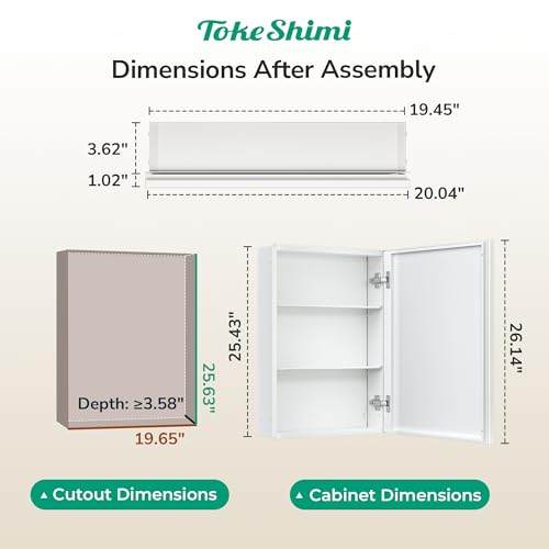 TokeShimi 20 x 26 Medicine Cabinet for Bathroom, Assembly Required, White Recessed Medicine Cabinet with Mirror, Stepless Adjustable Shelves, Beveled Aluminum Frame, DTC Hinge by TokeShimi - Used condition - Image 2
