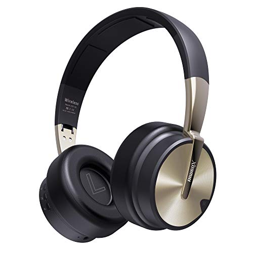 Riwbox XBT-90 Casque Bluetooth sans fil pliable avec micro/carte TF et contrôle du volume pour PC/téléphones portables/TV/iPad Noir et doré Cover