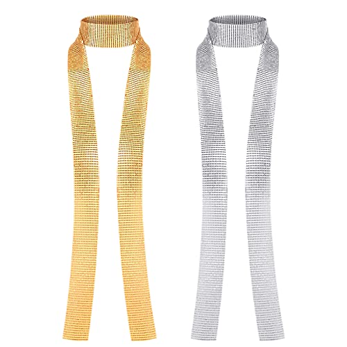 SATINIOR 2 Pcs Gold & Silver Sparkly Skinny Scarf, Disco Style Metal Sequins Neck Tie Scarf, Glitter Thin Neckerchief Shawls for Party, Evening Event, Beach Swimwear, Daily Wear