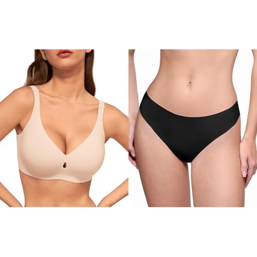 LUCKMEEY Bras for Women No Underwire Wireless Bras Skin S & Cotton Thongs for Women = Black S