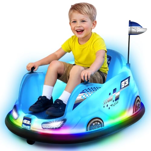 Flybar 12V Glow Bumper Car Ride On Toy - Indoor/Outdoor Toys, Toddler Toys, Bumper Cars, Kids Electric Car, w/ 360° Spins, Multi-Color LED Lights, Max Weight of 100lbs, Age 4-9yrs, Blue by Flybar - Used condition - US$138.74
