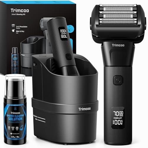 Electric Shaver for Men - Trimcoo 5-Blade Foil Razor Kit | Gentle on Sensitive Skin | Self-Cleaning Center, USB-C Charging, 180min Runtime, IPX7 Wet/Dry Use with Pop-Up Trimmer, Ideal Grooming Gift