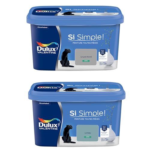 Dulux Valentine Peinture Si Simple Peinture Intérieure Toutes Pièces Satin - Peinture Murs et Plafonds, Portes et Plinthes - Lot de 2 - Couleurs : Le Gris Foncé & Le Bleu 2,5 L