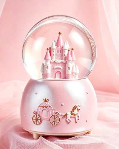 Snow Globe for Girls Pink Castle Musical Snow Globe with Auto Floating Snowflakes & Color Changing Lights Battery Operated Princess Decor Gift for Ages 5-9+ Little Girls Birthday Christmas (Pink)
