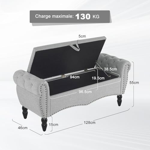 Banc coffre rangement capitonné gris accoudoirs Ckaff