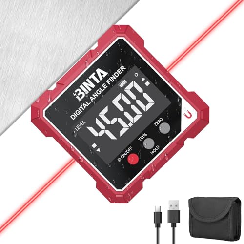 BINTA Digital Angle Finder with Laser, 4-side Magnetic Digital Angle Gauge, USB-C Rechargeable IP54 Waterproof Inclinometer, Table Saw Miter Protractor Laser Level for Woodworking Construction DIY