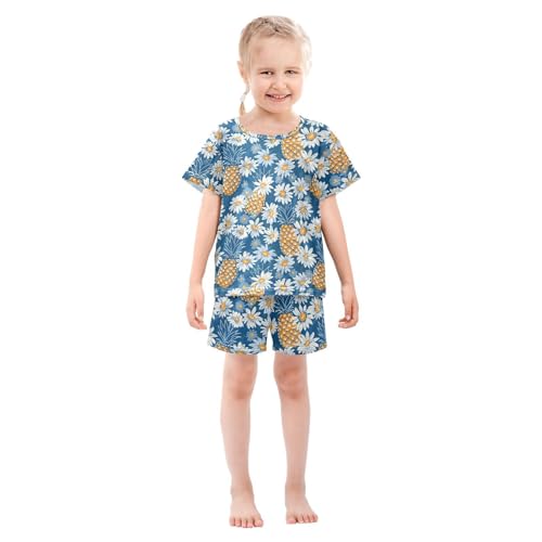 ALAZA Daisy Flowers Pineapples Blue Pajama Set Short Sleeve Sleepwear Soft Lounge Nightwear3