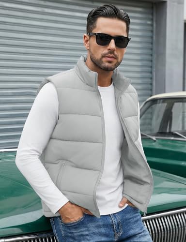 Image of WHN Men's Casual Puffer Vest Lightweight Full Zip Up Work Sleeveless Jacket Stand Collar Outerwear with 3 Pockets