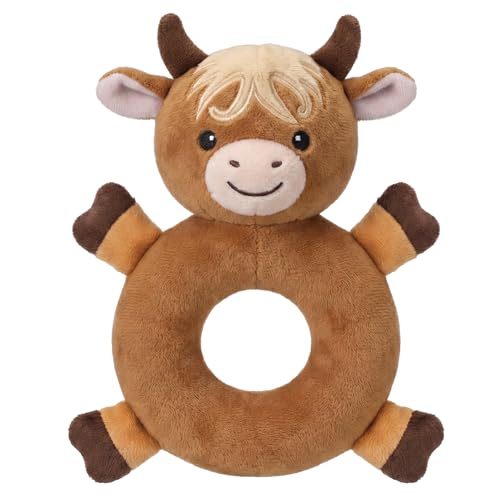 Image of Karenhi Highland Cow Tan Stuffed Animal Little Stuffed Animal Praying Baptism Soft Plush Snuggle God's Toy Embroidered Religious Gifts for Boys Girl Baby Shower Mom Barnyard Nursery Decor Doll Toy