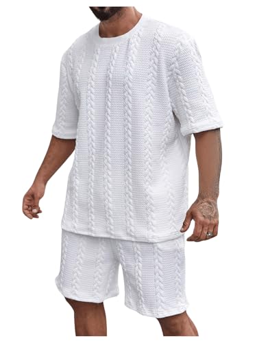GORGLITTER Men's Big and Tall Vacation Beach Outfits Cable Knit Short Sleeve T Shirt Shorts Set