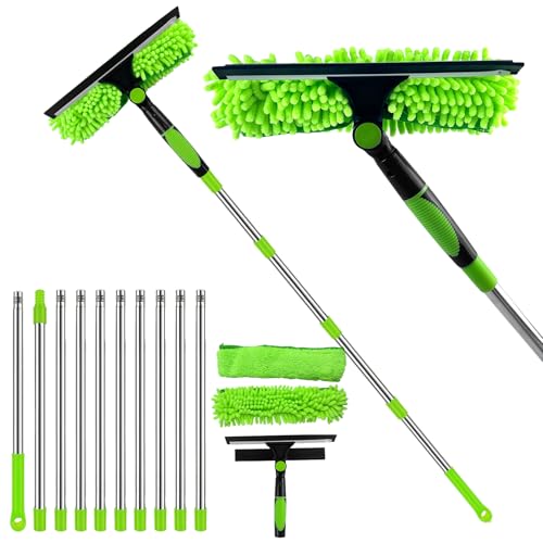 高所掃除ブラシ 外壁 2 in 1 ワイパー 伸縮柄 全長4.54メートル 180°回転可能 多目的 軽量 取り外しが簡単 高所 ガラスワイパー 窓 天井 鏡 壁など掃除用 グリーン（グリーン）
