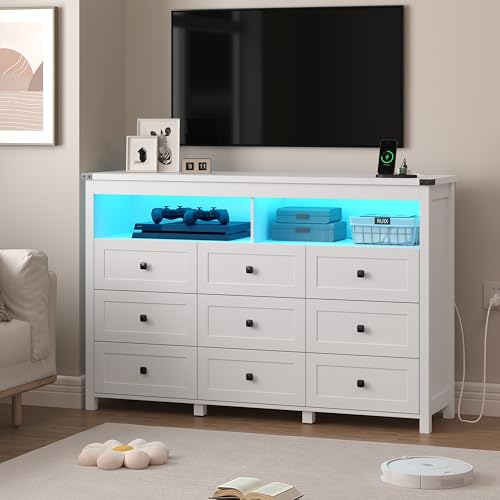Image of Wodeer 9 Drawer Dresser for Bedroom with LED Lights, Charging Station, Wood Chest of Drawers with Metal Handles, Modern TV Stand & Storage Organizer for Bedroom, Hallway, White