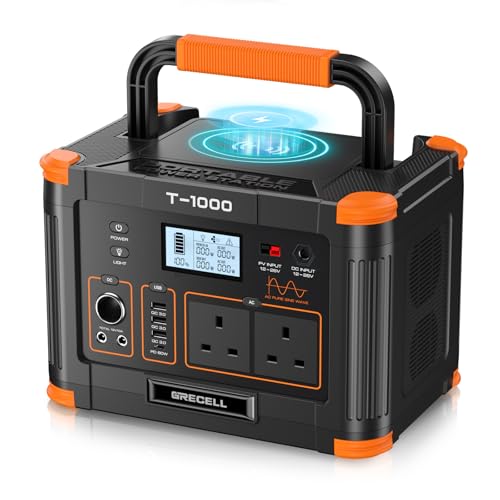 Portable Power Station 1000W(Peak 2000W), GRECELL 999Wh Outdoor Solar Generator Backup Battery Pack with 2 230V AC Outlets, 1000W 10-Port Powerhouse for RV/Van Camping Road Trip Home Emergency