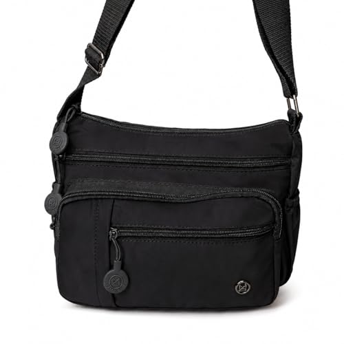 Bolsa Feminina Transversal de Nylon, Multi Bolsos, Impermeável, Ombro, Espaçosa (Preto)