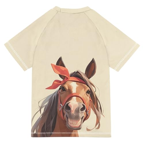 Cartoon Fun Horse Boy Bathing Suit Short Sleeves Volleyball Shirts Swimwear Beach Tops 3T2