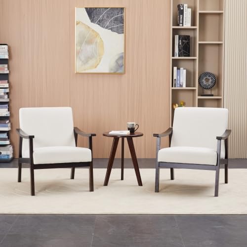 Medieval-Inspired Modern Armchair with High Back, Upholstered Chair with Solid Wood Legs, Comfortable Leisure Reading Chair for Living Room or Bedroom (White + Polyester, Set of 2)