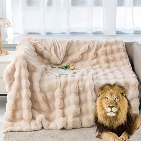 Brnabiou Faux Fur Throw Blanket 3D Ribbed Jacquard Soft Warm Fuzzy Cozy Blanket Lightweight Luxury Fluffy Blanket for Couch Bed Sofa Living Room Home Farmhouse Decor (Beige, 52"X64") Cover