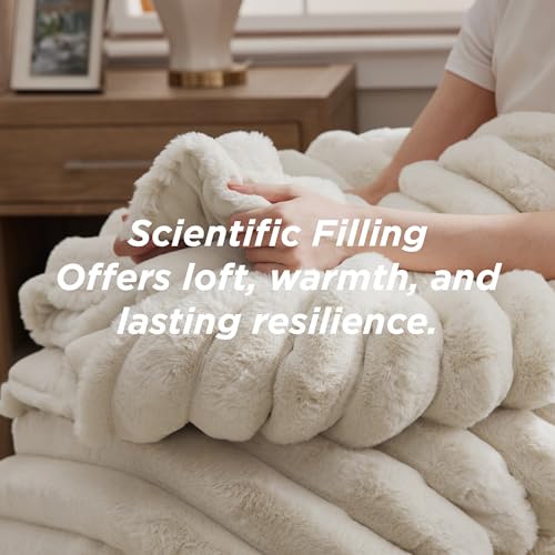 Image of Bedsure Faux Fur Queen Comforter Set - Beige Fluffy Comforter Queen Size, Soft and Cozy Shaggy Bedding Comforter Sets, Winter Warm Luxury Fuzzy Bed Set 3 Pieces, 1 Comforter and 2 Pillowcases