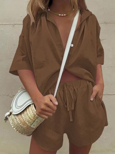 Image of Fixmatti Women 2 Piece Outfits Long Sleeve Button Down Blouse and Shorts Sweatsuit Sets