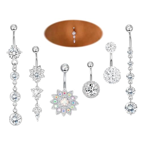JOERICA 6Pcs 14G 316L Stainless Steel Belly Button Rings for Women Flower CZ Dangle Belly Button Rings Navel Piercing Jewelry