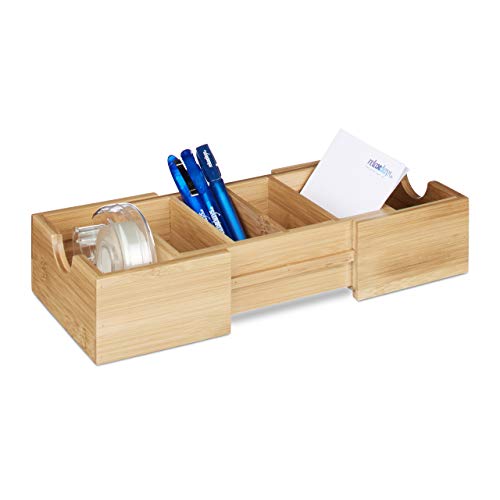 Relaxdays Karteikasten DIN-A8 Bambus, Visitenkarten Organizer, zum Ausziehen, H x B x T: ca. 5,5 x 13 x 30 cm, natur