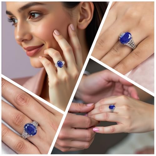 Shop LC Blue Lapis Lazuli Ring - Birthstone Rings for Women in Stainless Steel - Statement Promise Gemstone Jewelry Birthday Gifts for Womens2