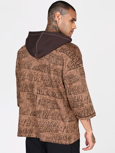 Image of Bewakoof Official Marvel Merchandise Men's All Over Printed Oversized Fit Extended Sleeve Hooded Pure Cotton T-Shirt