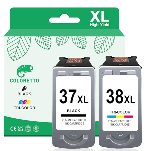 COLORETTO Cartucho de Tinta Remanufacturado para Canon PG 37XL CL 38XL 37 XL 38 XL (1 Negro,1 Color) Compatible con pixma MX300 MX310 iP1800 iP1900 iP2500 iP2600 MP140 MP190 MP210 MP220 MP470