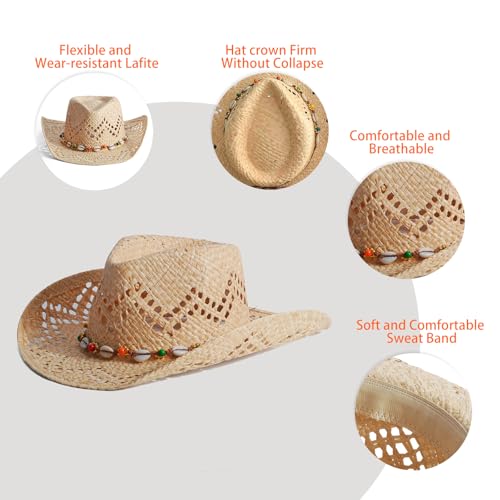Image of Men's Cowboy Hats Summer Women Beach Cowgirl Hat Raffia Unisex Western Sun Hat