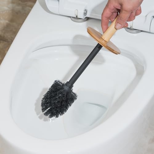 Image of Toilet Bowl Brush and Holder, Toilet Brush with Bamboo Handle and Covered Holder, Dual Brush Options, Weighted Metal Base (Black)