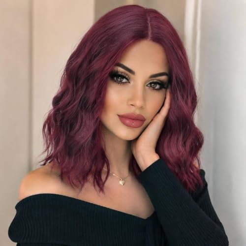 Eawwii Wigs for Women Dark Purple Red,Short Wavy Synthetic Lace Wig