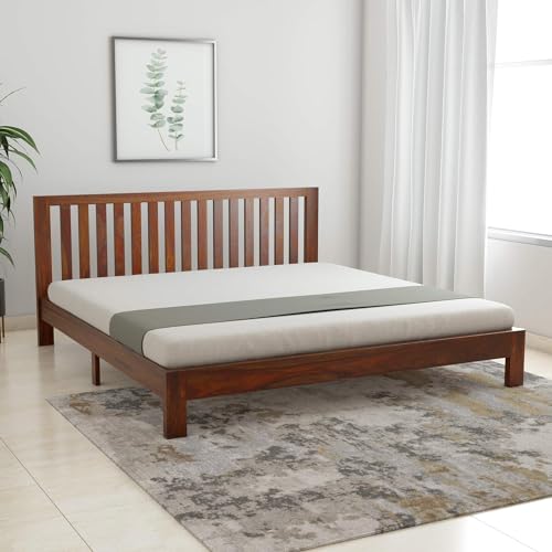 Image of SANKAT MOCHAN Industries Solid SHEESHAM Honey Brown Wooden King Size Simple Without Storage Bed Double Bed Furniture for Bedroom Living Room, Hotel & Hostel (Honey Finish) Matters Size (6 * 6.5)
