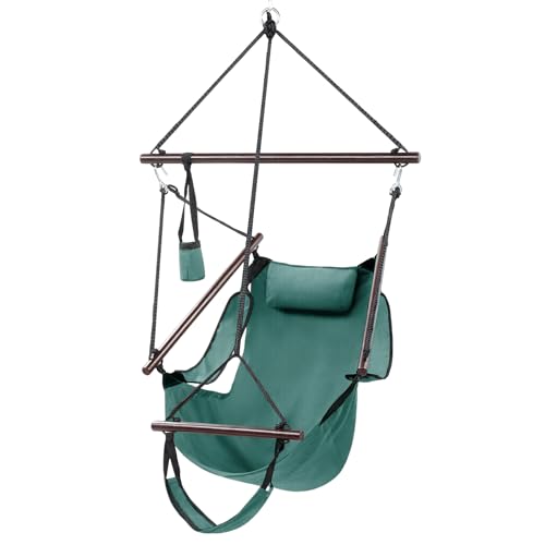 Image of ONCLOUD Upgraded Unique Hammock Sky Chair, Air Deluxe Hanging Swing Seat with Rope Through The Bars Safer Relax with Drink Holder & Fuller Pillow Beech Wood Indoor Outdoor Patio Yard 250LBS (Green)