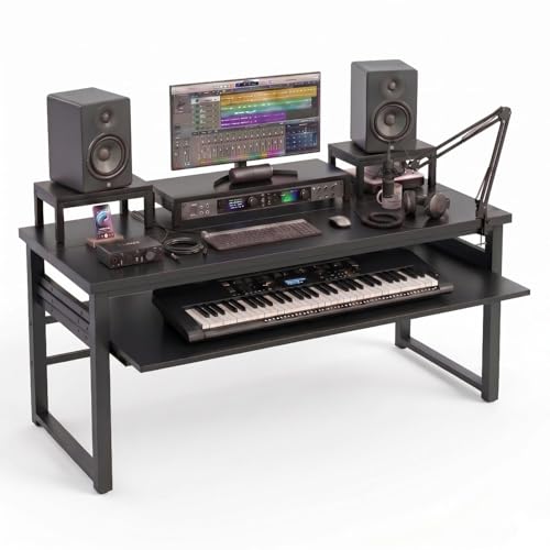 Image of TEKAVO Rox Studio Table for Music Production 5 Feet X 3 Feet | with Monitor Riser + Long Keyboard Tray | Desk for Editing Studio, Gaming, Workstation | DIY