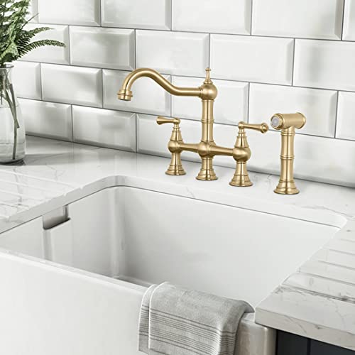 Wowow Brass Kitchen Faucet Bridge With Side Sprayer, 4 Hole Kitchen Faucet 2 Handle 8 Inch Centerset Gold Faucet For Kitchen Sinks, Heritage Brushed Gold Kitchen Sink Faucet #TOP2