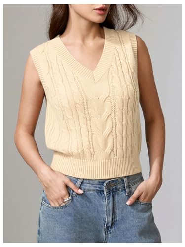 Image of Milumia Women's Cable Knit V Neck Sweater Vest Sleeveless Ribbed Crop Tank Top