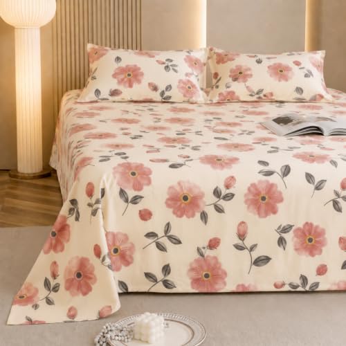 Image of MARROW LANE 300 TC Soft Air Cotton Double Bedsheet | Blush Poppy | Flatsheet with 2 Pillow Covers | Pink Floral Print (228.6 x 254 cm, Pink & White)